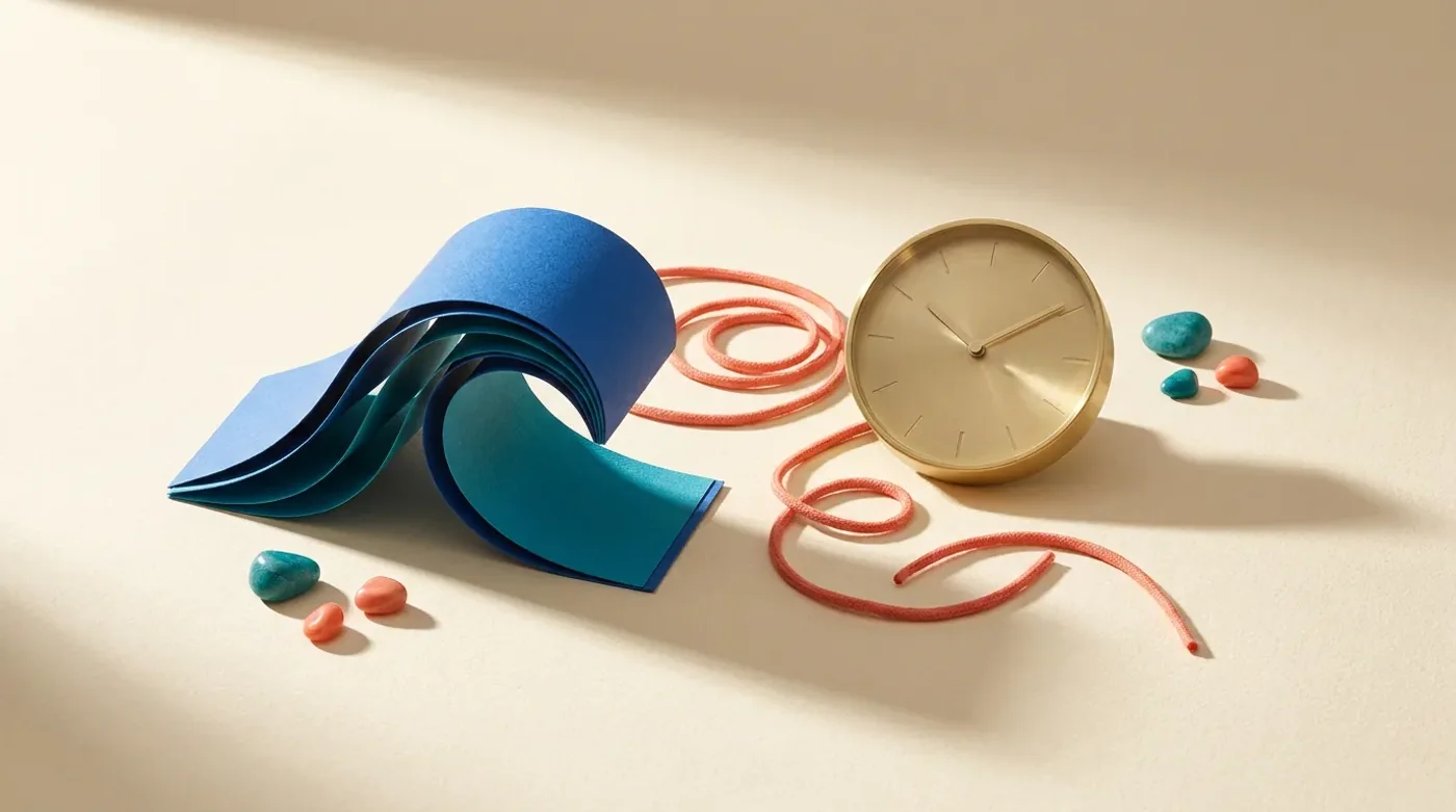 A folded blue paper wave beside a brass clock and coral cord.