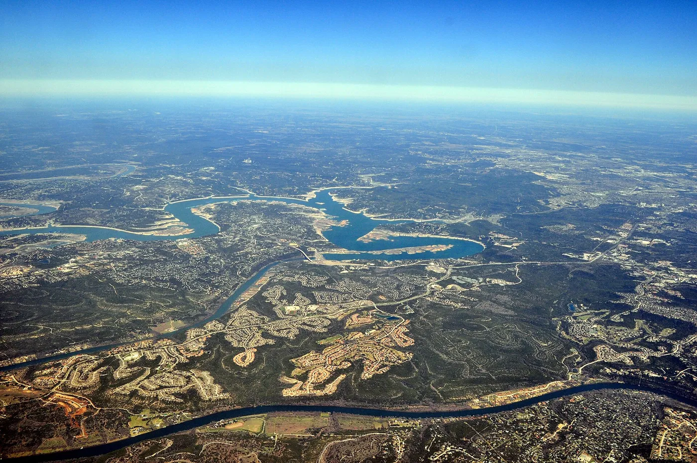 Aerial view of Lake Travis, Texas, looking north.